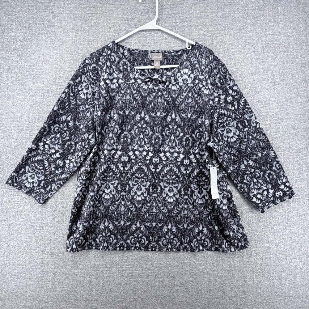 Chicos Blouse Top Women Size 3 Black Shimmer 3/4 Sleeve Elegant NEW $59